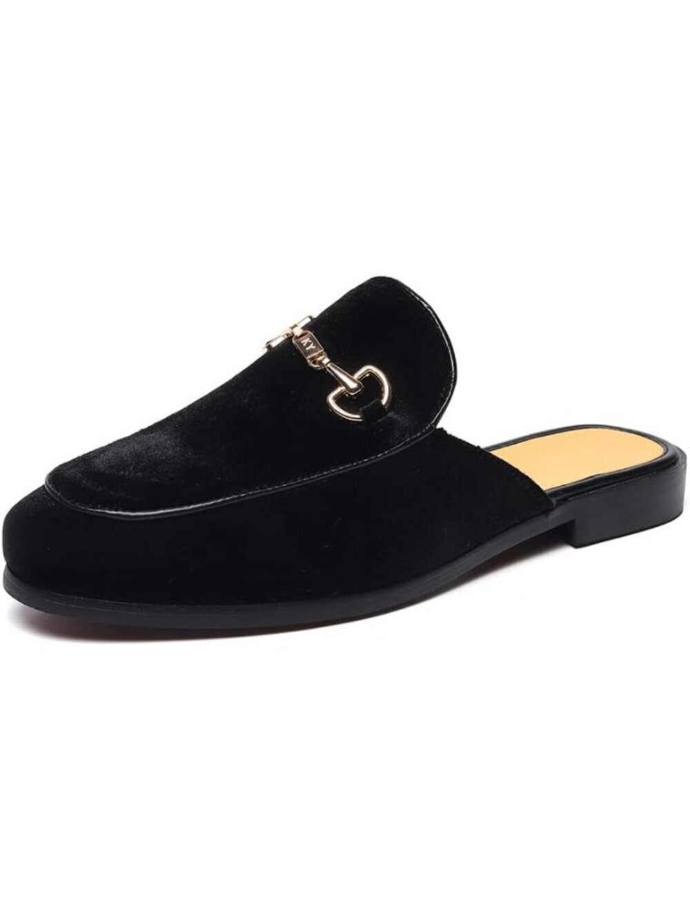 🆕Men Black Rubber Sole Velvet Leather Gold Buckle Slip On Penny Loafer Slippers